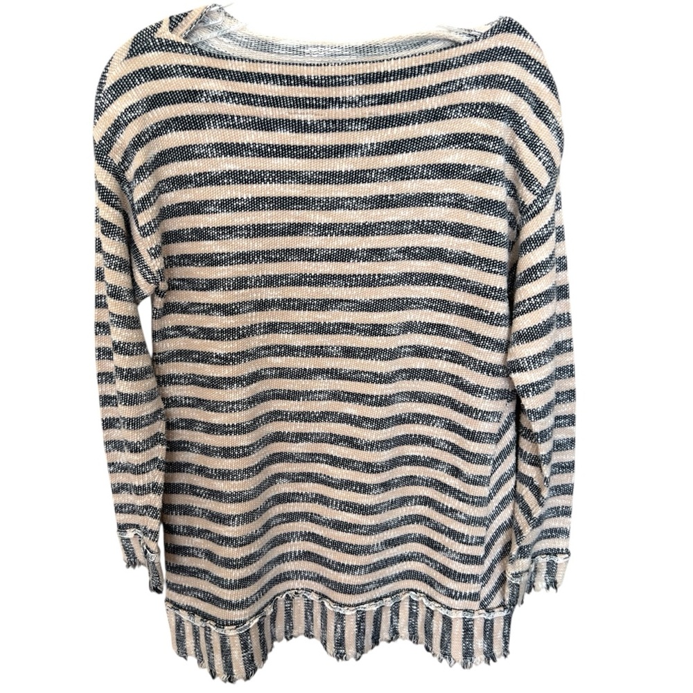 Soft Surroundings Cotton Knit Navy Tan Marina Striped Raw Edges Tunic Size PS